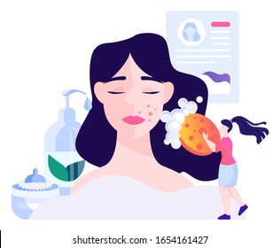 Cosmetologist concept, skin cleansing and treatment. Young woman with bad skin problem. Problematic skin, dermatology disease. Isolated vector illustration in cartoon style