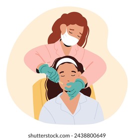 Cosmetologist Delicately Administers Beauty Injections To A Woman In The Salon, Enhancing Her Features With Precision And Care, Ensuring A Rejuvenated And Refreshed Appearance. Vector Illustration