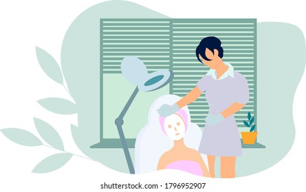 Cosmetologist doctor makes a mask on the patient's face. Beauty. Facial. Design. Banner. Vector illustration in flat style