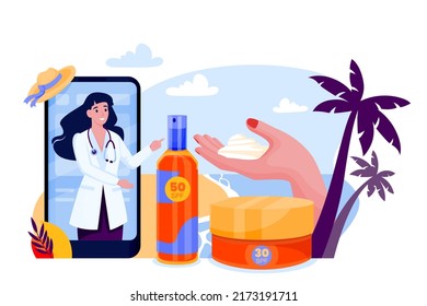 Cosmetologist doctor recommends using sunblock cosmetics in summer. Woman hand, phone screen, bottle tube with sunscreen on palm beach. Vector flat illustration. Skin care solar protection concept