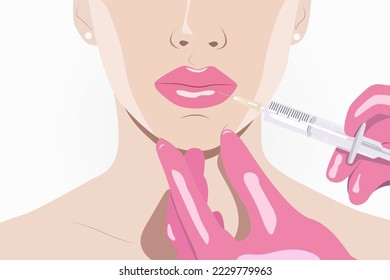 Cosmetologist does lip augmentation procedure of a beautiful woman. Cosmetology concept. vector image
