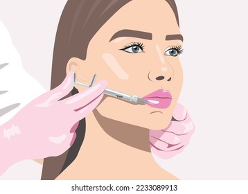 El cometólogo hace el procedimiento de aumento de labios de una mujer hermosa. Concepto de cosmetología. imagen vectorial