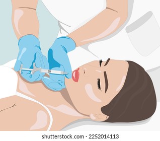 Kosmetologe macht Lippenvergrößerung einer schönen Frau. Konzept der Kosmetologie. Vektorbild