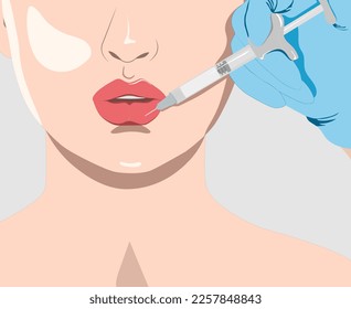 Cosmetologist does lip augmentation procedure of a beautiful woman. Cosmetology and professional skin care. illustration