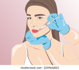 Cosmetologist does lip augmentation procedure of a beautiful woman. Cosmetology concept. vector image