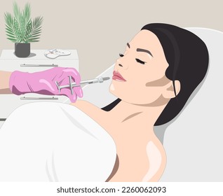 Cosmetologist does lip augmentation procedure of a beautiful woman. Cosmetology concept. vector image