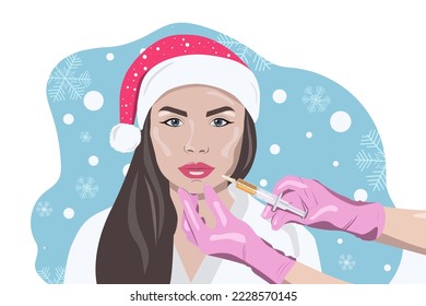 Cosmetologist does prp therapy on the face of a beautiful woman in a Santa Claus hat.New Years and Cosmetology concept.vector image