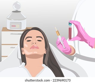 Cosmetologist does prp therapy on the face of a beautiful woman. Cosmetology concept. vector image