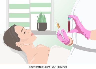 Kosmetologe pflegt die Therapie auf das Gesicht einer schönen Frau. Konzept der Kosmetologie. Vektorbild	