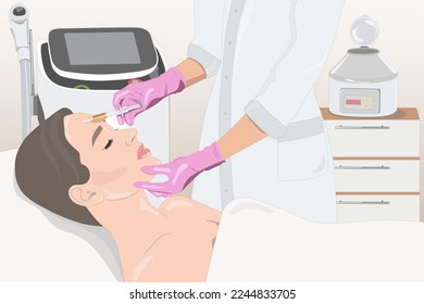 Cosmetologist does prp therapy on the face of a beautiful woman. Cosmetology concept. vector image	