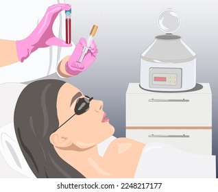 Kosmetologe pflegt die Therapie auf das Gesicht einer schönen Frau. Konzept der Kosmetologie. Vektorbild
