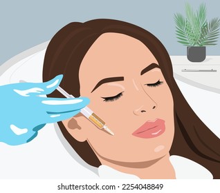 Cosmetologist does prp therapy on the face of a beautiful woman. Cosmetology concept. vector image