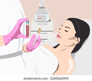 Cosmetologist does prp therapy on the face of a beautiful woman. Cosmetology concept. vector image