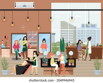 Cosmetologist doing makeup, hairdresser washing hair, giving hairstyle, vector illustration. Beauty salon, studio.