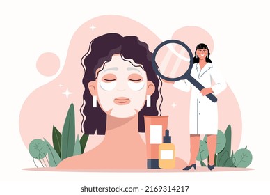 Cosmetologist help woman. Young specialist examines skin of girl, apply cosmetic mask on her face. Youth, beauty and hygiene. SPA procedures, fight against wrinkles. Cartoon flat vector illustration