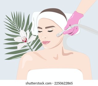 the cosmetologist makes the procedure Microdermabrasion of the face skin of a beautiful girl in a beauty salon.Cosmetology and professional skin care. illustration