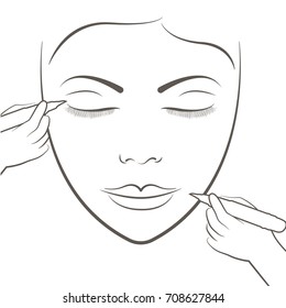 Cosmetologist making permanent makeup. Attractive lady getting facial care and tattoo and permanent makeup tattoo. Vector image concept for a beauty salon. Healthy spa tattoo on lips and eyebrows.
