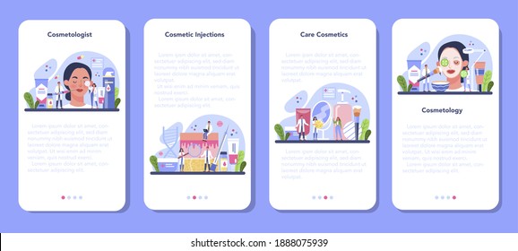 Cosmetologist mobile application banner set. Skin care and treatment procedure. Cosmetic injection for problematic skin. Beauty and plastic cosmetology. Isolated vector illustration