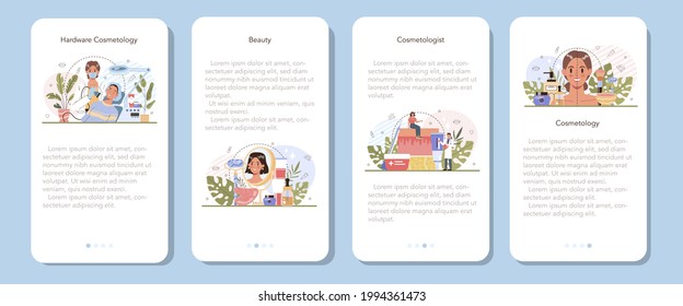 Cosmetologist mobile application banner set. Skin care procedure. Hardware cosmetology for problematic skin. Dermatology treatment. Isolated vector illustration