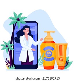 Cosmetologist online consultation. Doctor recommends using sunblock cosmetics. Sunscreen bottle tube and woman on phone screen. Vector flat llustration. Summer skin care and solar protection concept