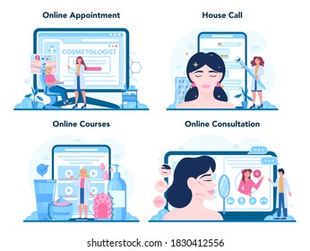 Cosmetologist online service or platform set. Young woman with skin problem. Problematic skin cleaning and treatment. Online appointment, consultation, house call, course. Isolated vector illustration