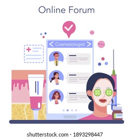 Cosmetologist online service or platform. Skin care and treatment procedure. Cosmetic injection for problematic skin. Online forum. Isolated vector illustration