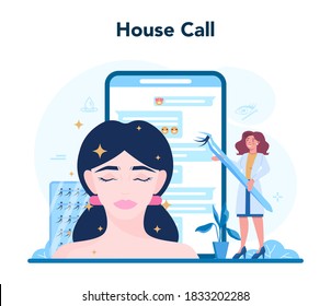 Cosmetologist online service or platform. Young woman with skin problem. Problematic skin cleaning and treatment. House call. Isolated vector illustration
