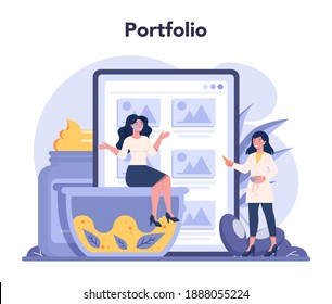 Cosmetologist online service or platform. Young woman treating skin. Cosmetic procedure for skin. Online portfolio. Isolated vector illustration