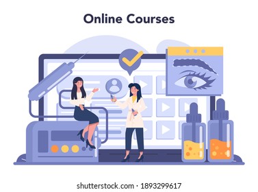 Cosmetologist online service or platform. Young woman treating skin. Cosmetic procedure for skin. Online course. Isolated vector illustration