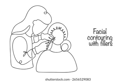 A cosmetologist performs contour plastic surgery of the face using fillers. She fills the nasolabial folds with a special composition. Hand-drawn cosmetology procedure. Vector illustration.