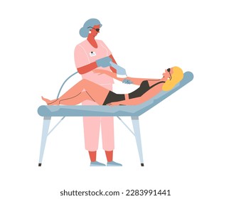 Cosmetologist performs laser hair removal procedure for client. Cosmetology beauty procedure of depilation, flat vector illustration isolated on white background.