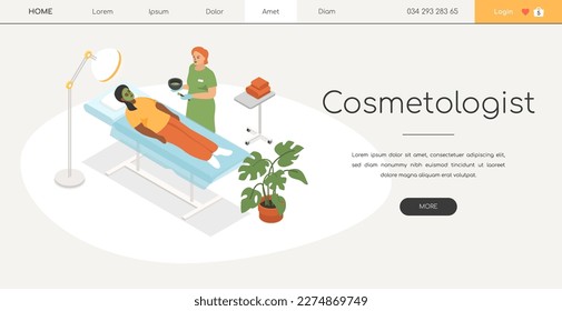 Cosmetologist services - modern colorful isometric web banner with copy space for text. A woman getting skin care procedure, beauty treatment. A medical worker, beautician applying a face mask.