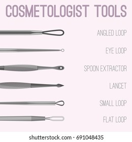 Cosmetologist tools kit. Different loops, etractors and other equipment. Dermatology and cosmetology concept. Vector illustration isolated on a white background. svg