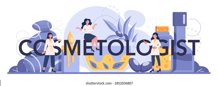 Cosmetologist typographic header, skin care and treatment. Young woman treating skin. Cosmetic procedure for problematic skin. Beauty and plastic treatment. Isolated vector illustration