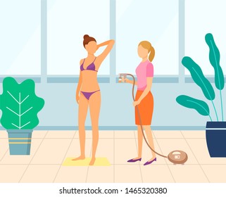 Cosmetologist Using Aerograph And Spraying Fake Tan On Young Female Wearing Purple Bikini In Beauty Salon. Woman Tanning, Airbrush Machine Vector. Flat Cartoon