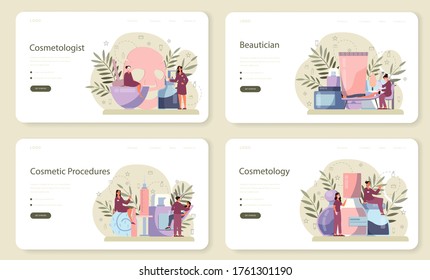 Cosmetologist web banner or landing page set, skin care and treatment. Young woman with bad skin problem. Problematic skin, dermatology disease. Isolated vector illustration in cartoon style