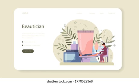 Cosmetologist web banner or landing page, skin care and treatment. Young woman with bad skin problem. Problematic skin, dermatology disease. Isolated vector illustration in cartoon style