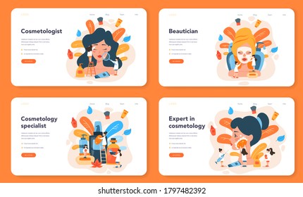 Cosmetologist web banner or landing page set, skin care and treatment. Young woman with bad skin problem. Problematic skin, dermatology disease. Isolated vector illustration in cartoon style
