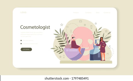 Cosmetologist web banner or landing page, skin care and treatment. Young woman with bad skin problem. Problematic skin, dermatology disease. Isolated vector illustration in cartoon style