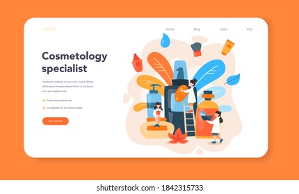 Cosmetologist web banner or landing page, skin care and treatment. Young woman with bad skin problem. Problematic skin, dermatology disease. Isolated vector illustration in cartoon style