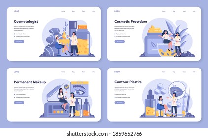 Cosmetologist web banner or landing page set. Young woman treating skin. Cosmetic procedure for problematic skin. Beauty and plastic treatment. Isolated vector illustration