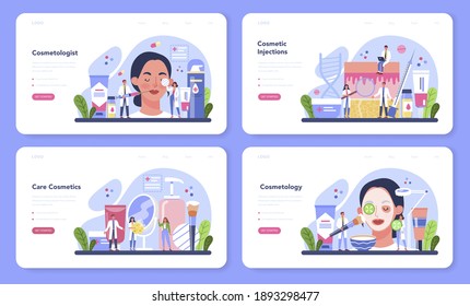 Cosmetologist web banner or landing page set. Skin care and treatment procedure. Cosmetic injection for problematic skin. Beauty and plastic cosmetology. Isolated vector illustration