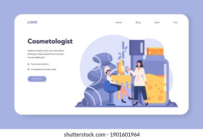 Cosmetologist web banner or landing page. Young woman treating skin. Cosmetic procedure for problematic skin. Beauty and plastic treatment. Isolated vector illustration