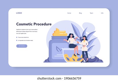 Cosmetologist web banner or landing page. Young woman treating skin. Cosmetic procedure for problematic skin. Beauty and plastic treatment. Isolated vector illustration