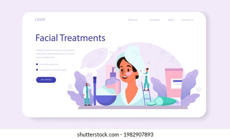 Cosmetologist web banner or landing page, skin care and treatment. Young woman treating skin. Cosmetic procedure for problematic skin. Beauty and plastic treatment. Isolated vector illustration
