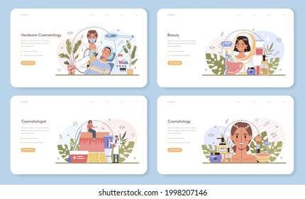 Cosmetologist web banner or landing page set. Skin care procedure. Hardware cosmetology for problematic skin. Dermatology treatment. Isolated vector illustration