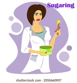 cosmetologist in white coat holds jar of sugar paste. Hair removal. Professional female cosmetologist. The procedure of hair removal with sugar. Perfect smooth female legs. The concept of skin care.