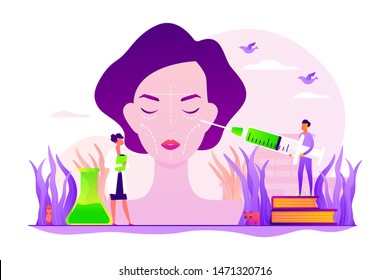 Cosmetólogos haciendo la inyección de agujas faciales. Mujer llenándose las arrugas. Contorsión facial, escultismo médico, concepto de cirugía facial correccional. Ilustración creativa de concepto aislado por vectores