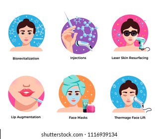 Cosmetology 6 flat round icons concept with laser skin resurfacing face lift lip augmentation isolated vector illustration 