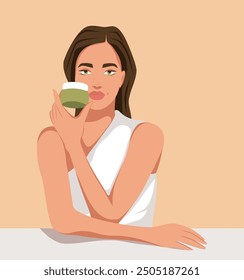 Cosmetología. Cosméticos antienvejecimiento. Cuidado facial de la piel. Una hermosa mujer sosteniendo una crema en sus manos anuncia cosméticos de cuidado para el cuerpo y la cara. Ilustración plana de Vector para publicidad, Sitio web